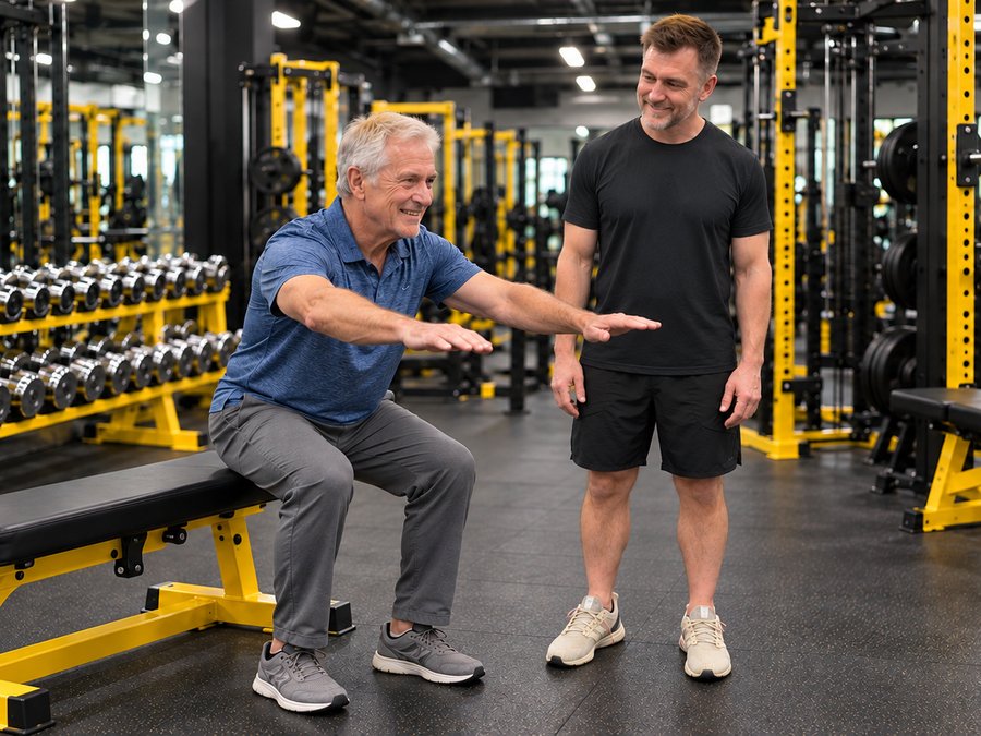 Nick Ranes training an older client through a bodyweight squat