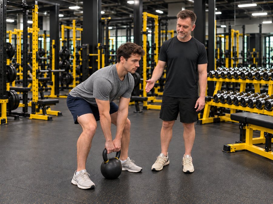 Nick Ranes training a young athlete through a kettlebell lift