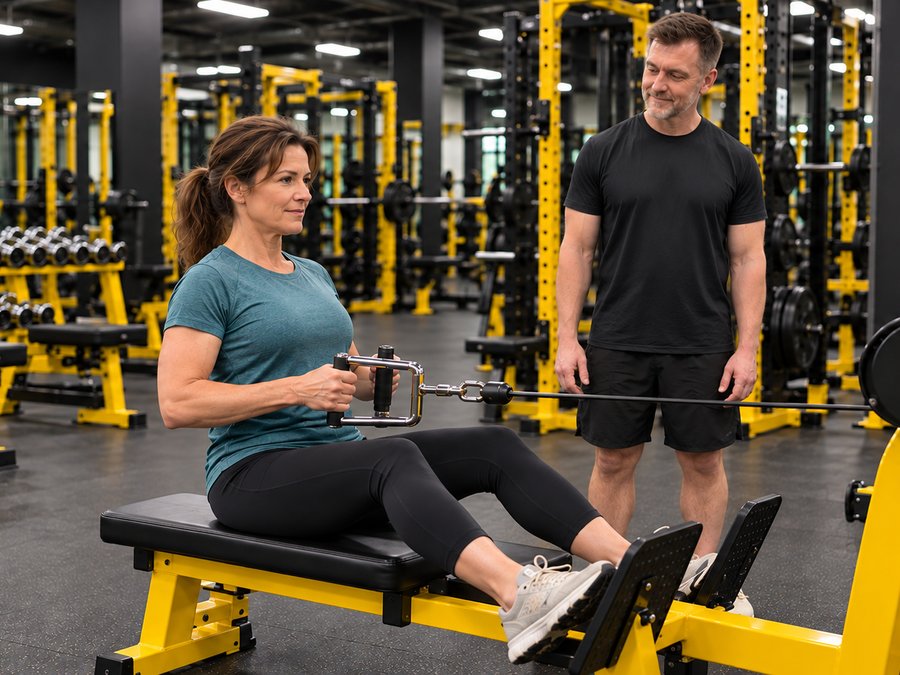 Personal trainer Nick Ranes training a client on the cable row